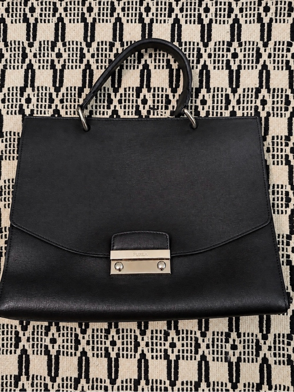 Furla Black Leather Top-Handle Satchel with Silver-Tone Lock